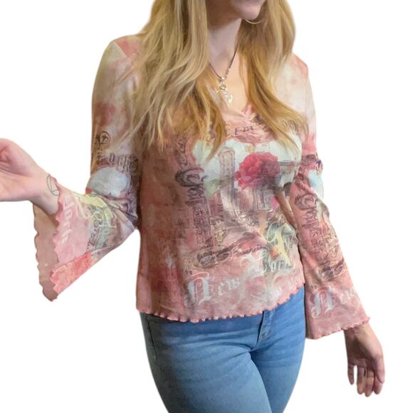 Y2K Vintage Pink Mesh Shirt with Bell Sleeves Size Medium - Picture 1 of 6